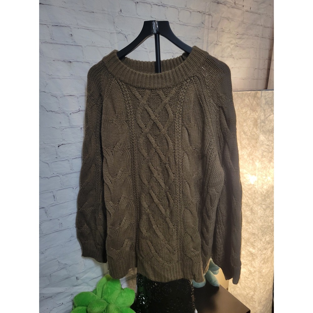 Womens Olive Green Cable Knit Sweater Crew Neck Long‎ Sleeve Pullover 4XL